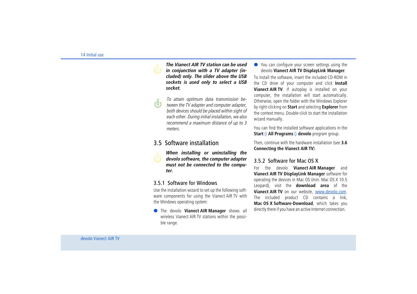 5 software installation, 1 software for windows, 2 software for mac os x | Software installation 3.5.1, Software for windows, Software for mac os x | Devolo dLAN home Notebook to TV Set User Manual | Page 15 / 39