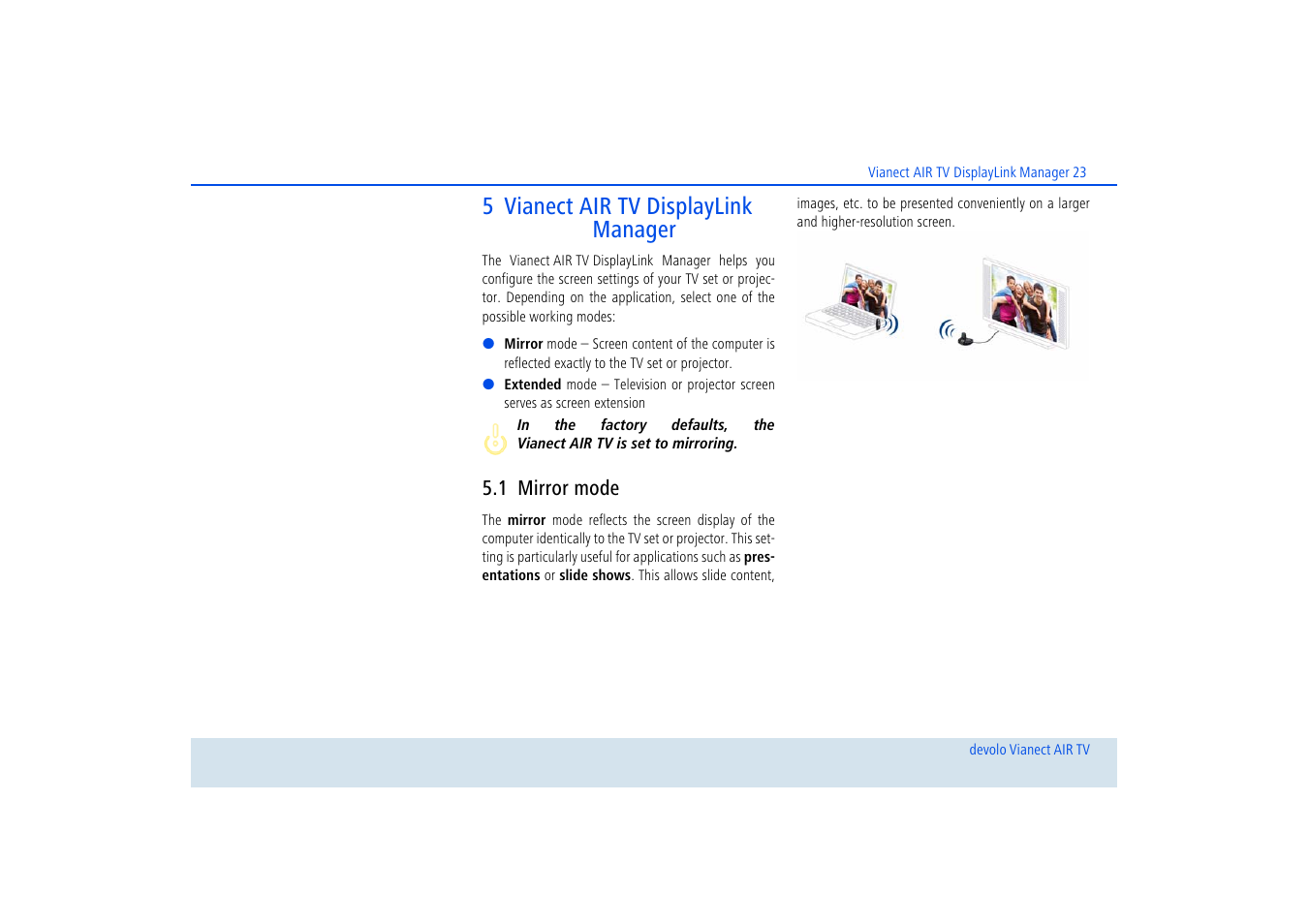 5 vianect air tv displaylink manager, 1 mirror mode, Mirror mode | Devolo dLAN home Notebook to TV Set User Manual | Page 24 / 39