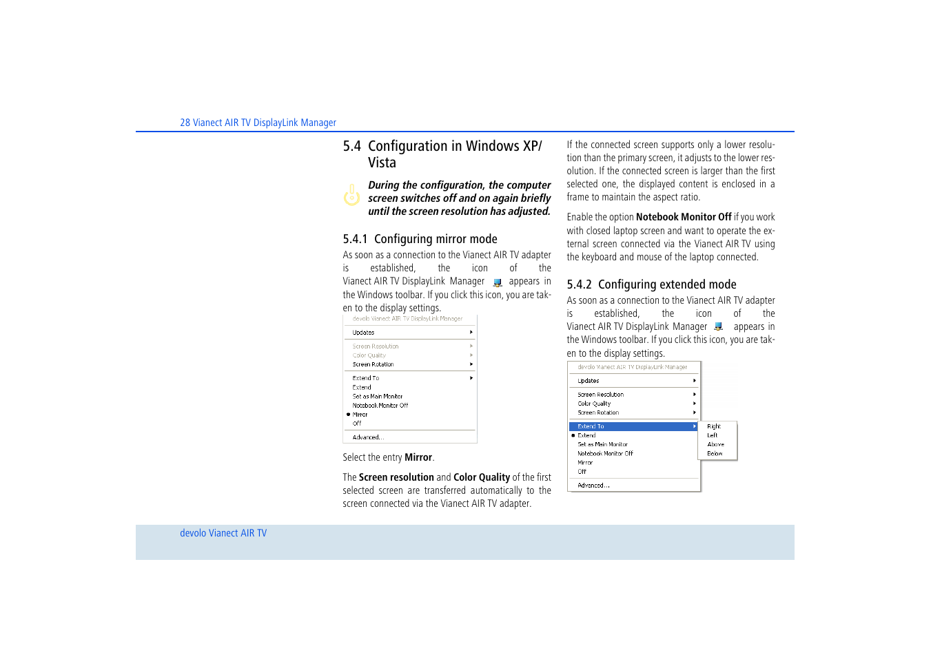 4 configuration in windows xp/ vista, 1 configuring mirror mode, 2 configuring extended mode | Configuration in windows xp/vista 5.4.1, Configuring mirror mode, Configuring extended mode | Devolo dLAN home Notebook to TV Set User Manual | Page 29 / 39