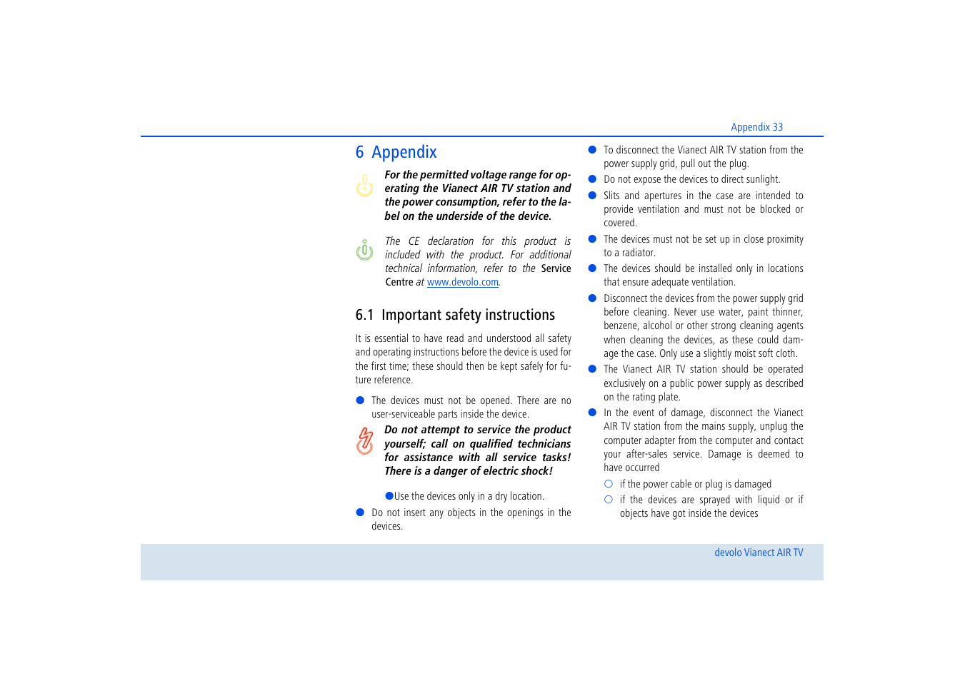 6 appendix, 1 important safety instructions, Important safety instructions | Devolo dLAN home Notebook to TV Set User Manual | Page 34 / 39