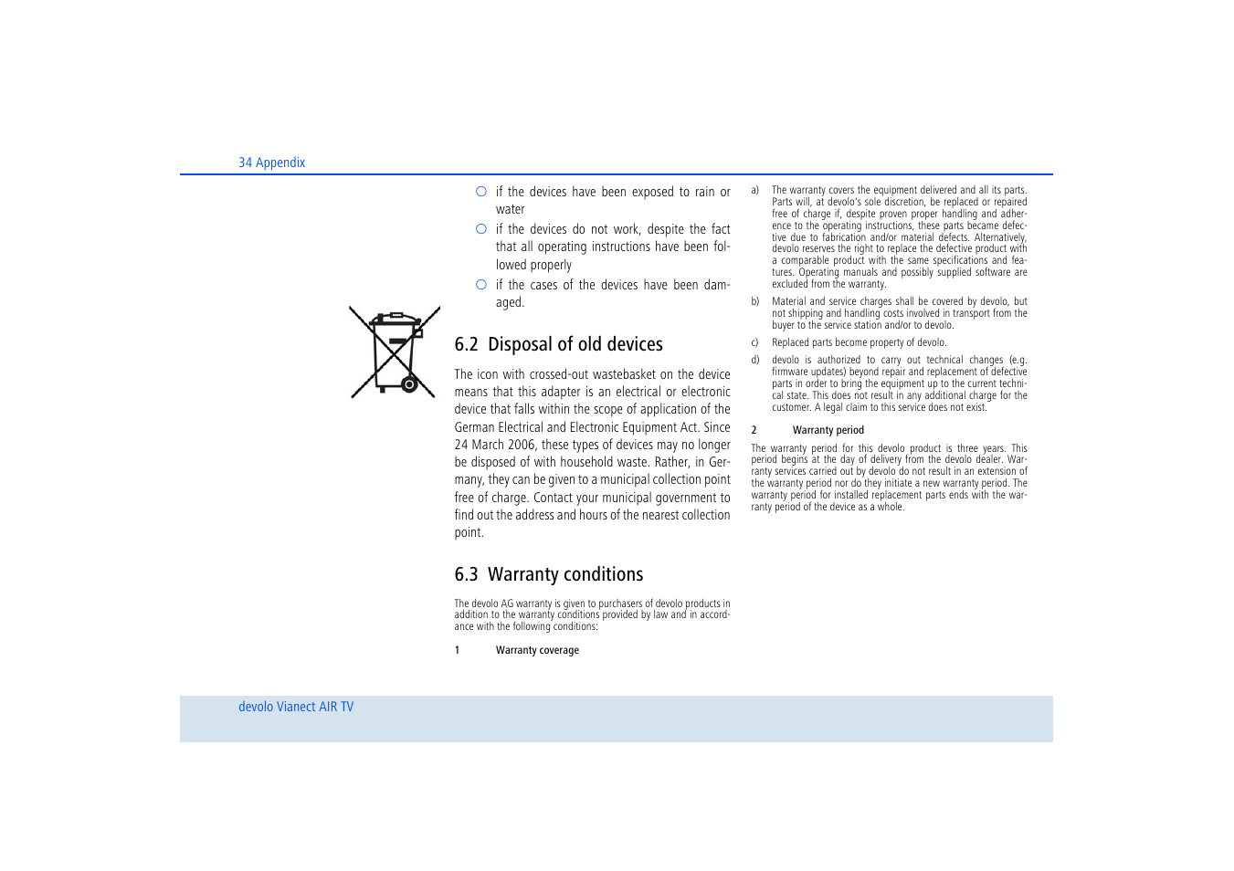 2 disposal of old devices, 3 warranty conditions, Disposal of old devices | Warranty conditions | Devolo dLAN home Notebook to TV Set User Manual | Page 35 / 39