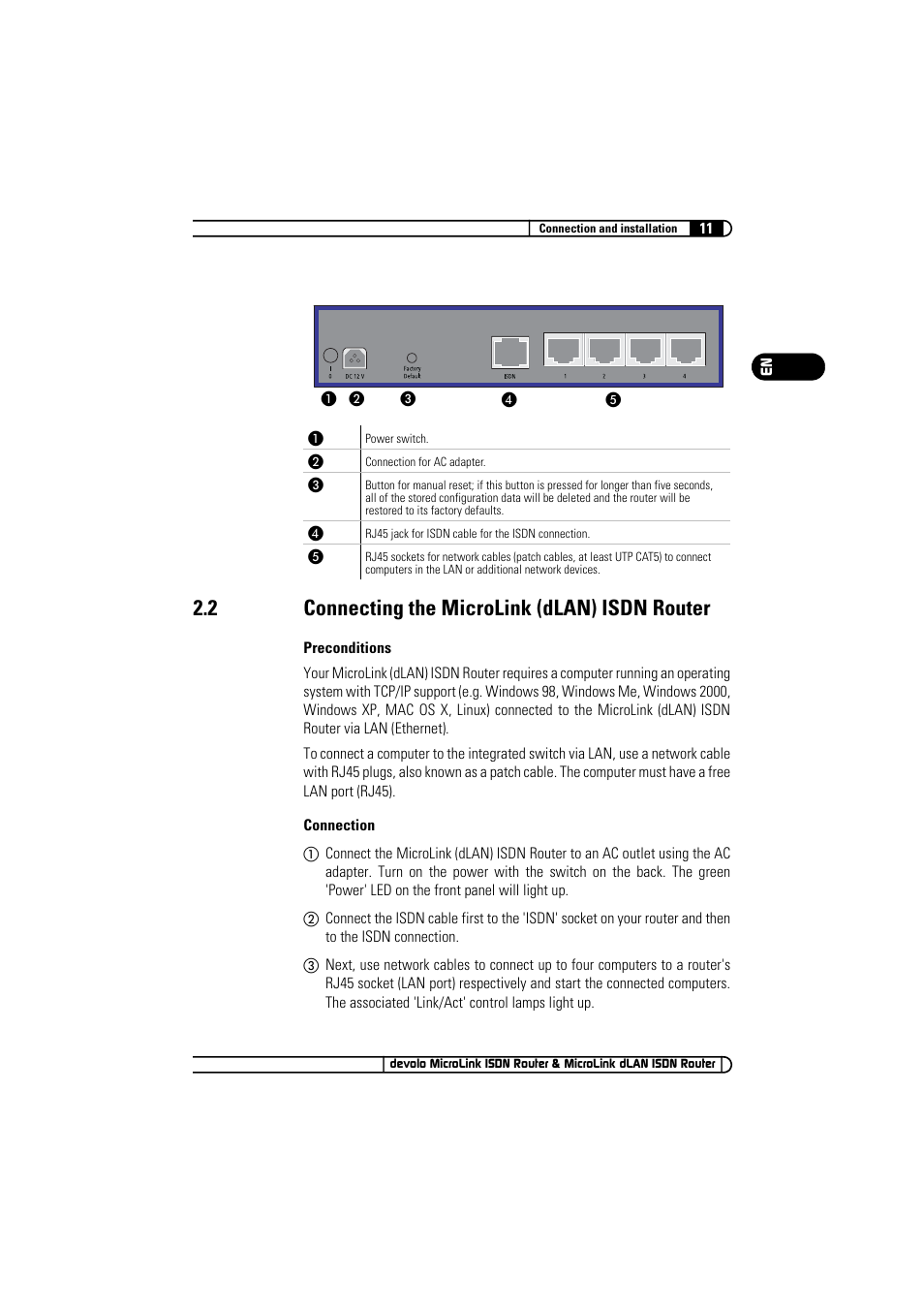 2 connecting the microlink (dlan) isdn router, Connecting the microlink (dlan) isdn router | Devolo MicroLink ISDN Router User Manual | Page 11 / 39