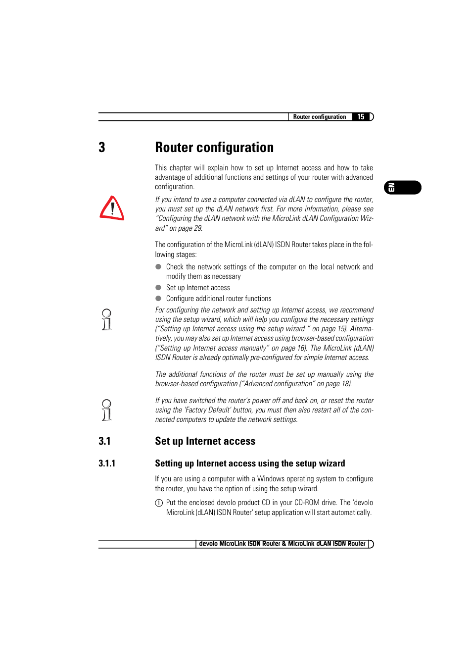 3 router configuration, 1 set up internet access, Router configuration 3.1 | Set up internet access 3.1.1, Setting up internet access using the setup wizard, 3router configuration | Devolo MicroLink ISDN Router User Manual | Page 15 / 39