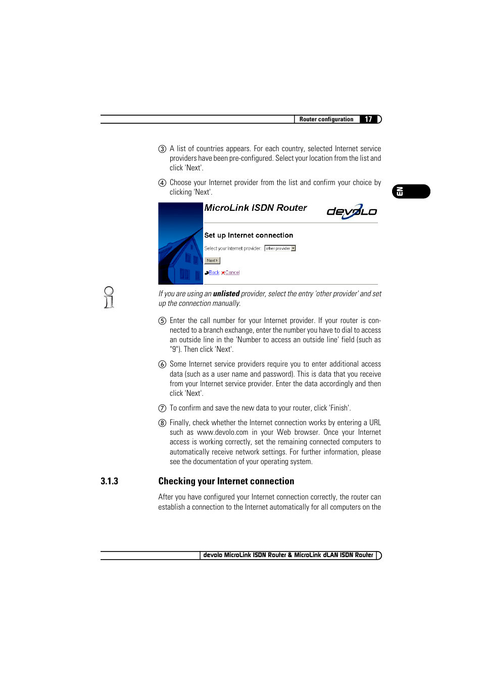 3 checking your internet connection, Checking your internet connection | Devolo MicroLink ISDN Router User Manual | Page 17 / 39