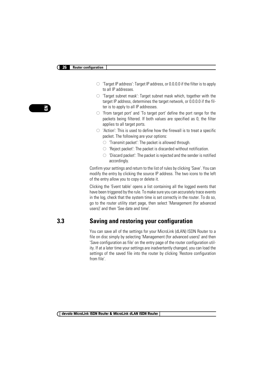 3 saving and restoring your configuration, Saving and restoring your configuration | Devolo MicroLink ISDN Router User Manual | Page 26 / 39