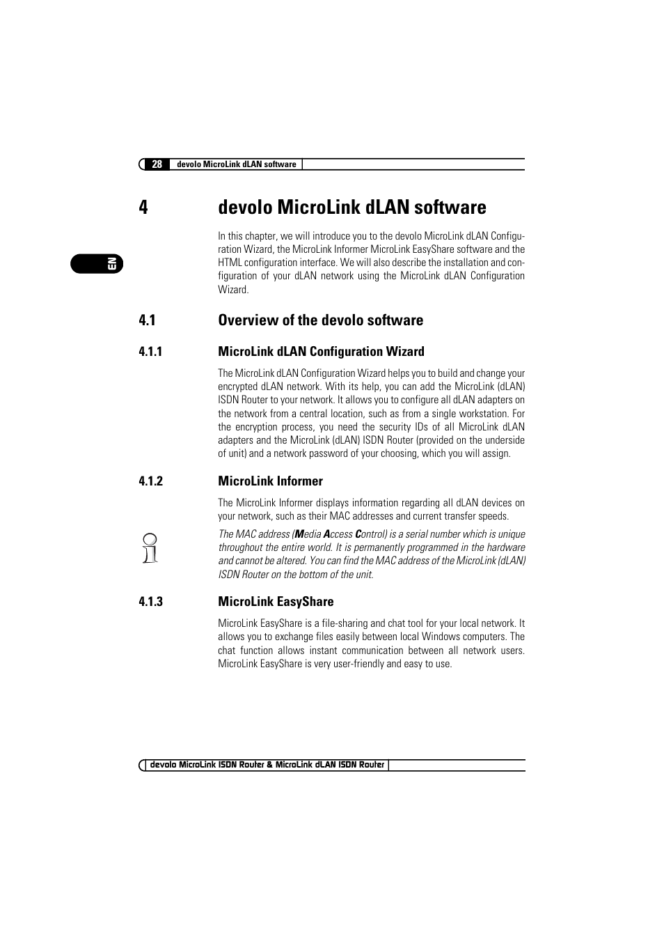 4 devolo microlink dlan software, 1 overview of the devolo software, 1 microlink dlan configuration wizard | 2 microlink informer, 3 microlink easyshare, Devolo microlink dlan software 4.1, Overview of the devolo software 4.1.1, Microlink dlan configuration wizard, Microlink informer, Microlink easyshare | Devolo MicroLink ISDN Router User Manual | Page 28 / 39