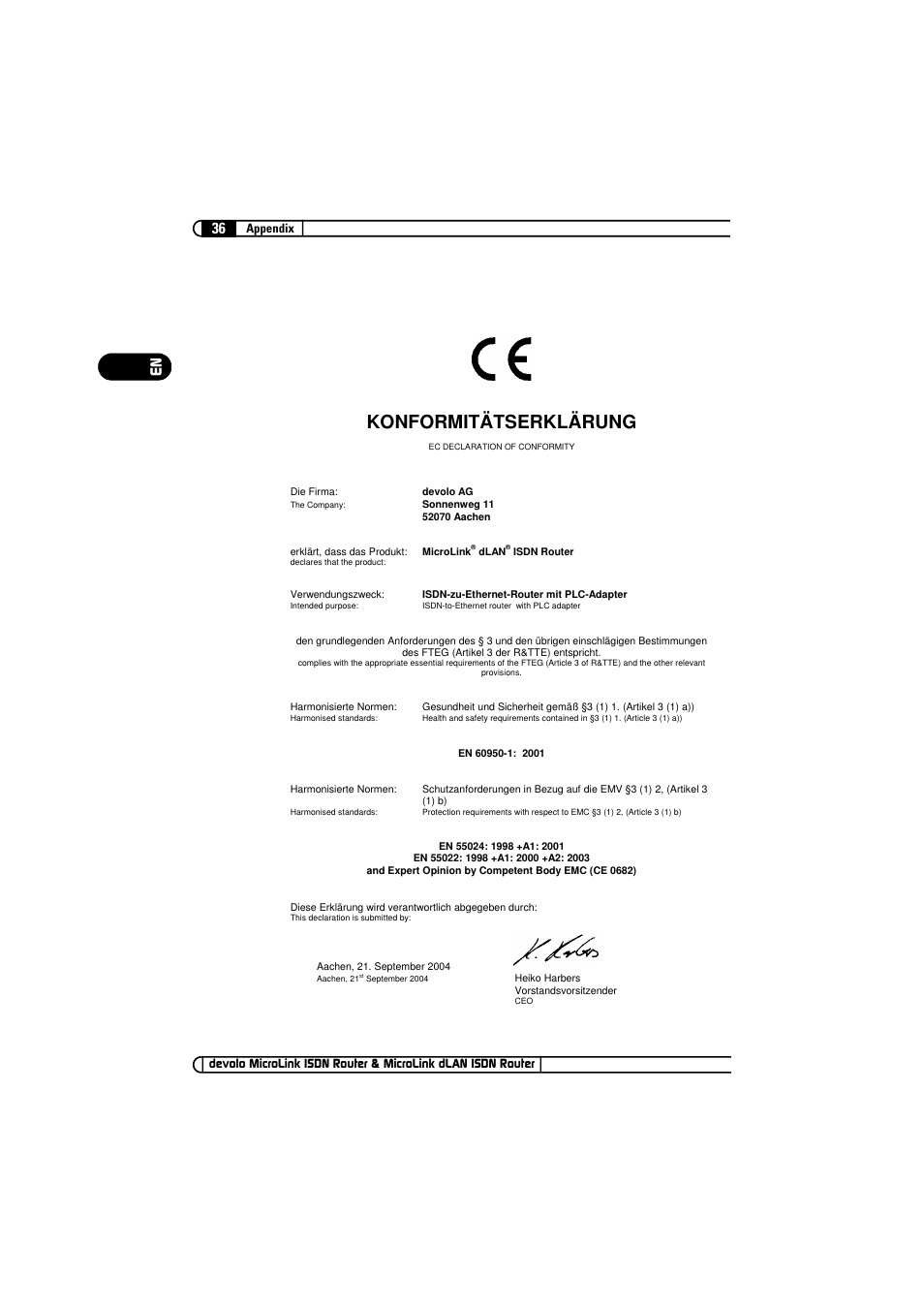 Konformitätserklärung, 36 en | Devolo MicroLink ISDN Router User Manual | Page 36 / 39