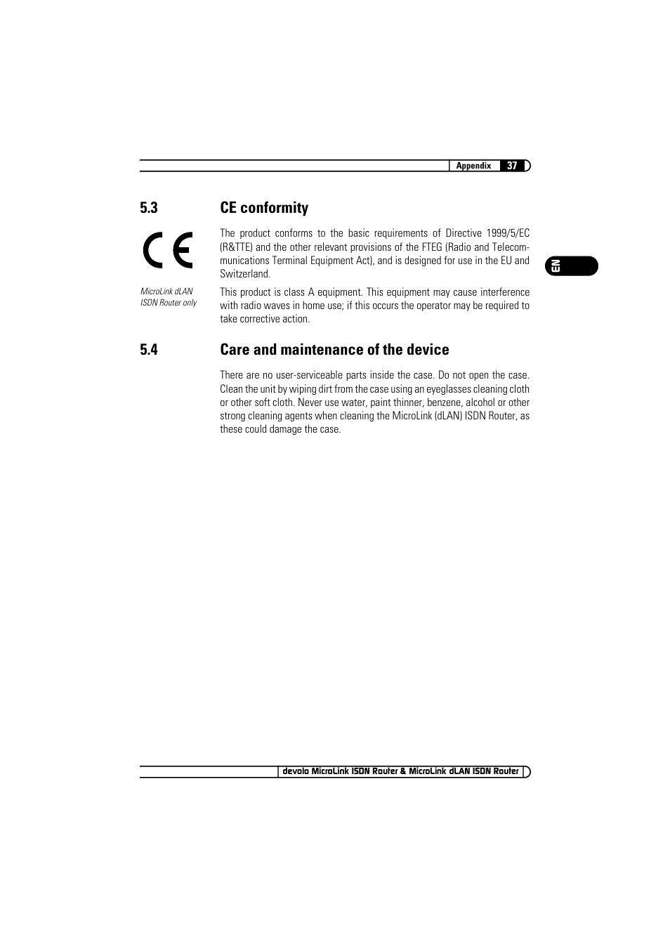 3 ce conformity, 4 care and maintenance of the device, Ce conformity | Care and maintenance of the device | Devolo MicroLink ISDN Router User Manual | Page 37 / 39