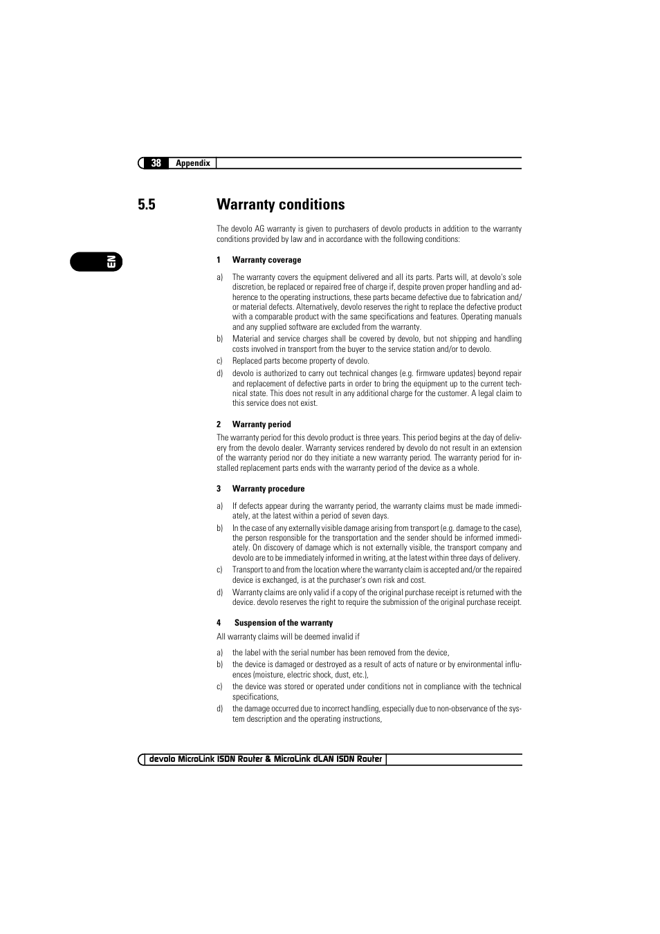 5 warranty conditions, Warranty conditions | Devolo MicroLink ISDN Router User Manual | Page 38 / 39