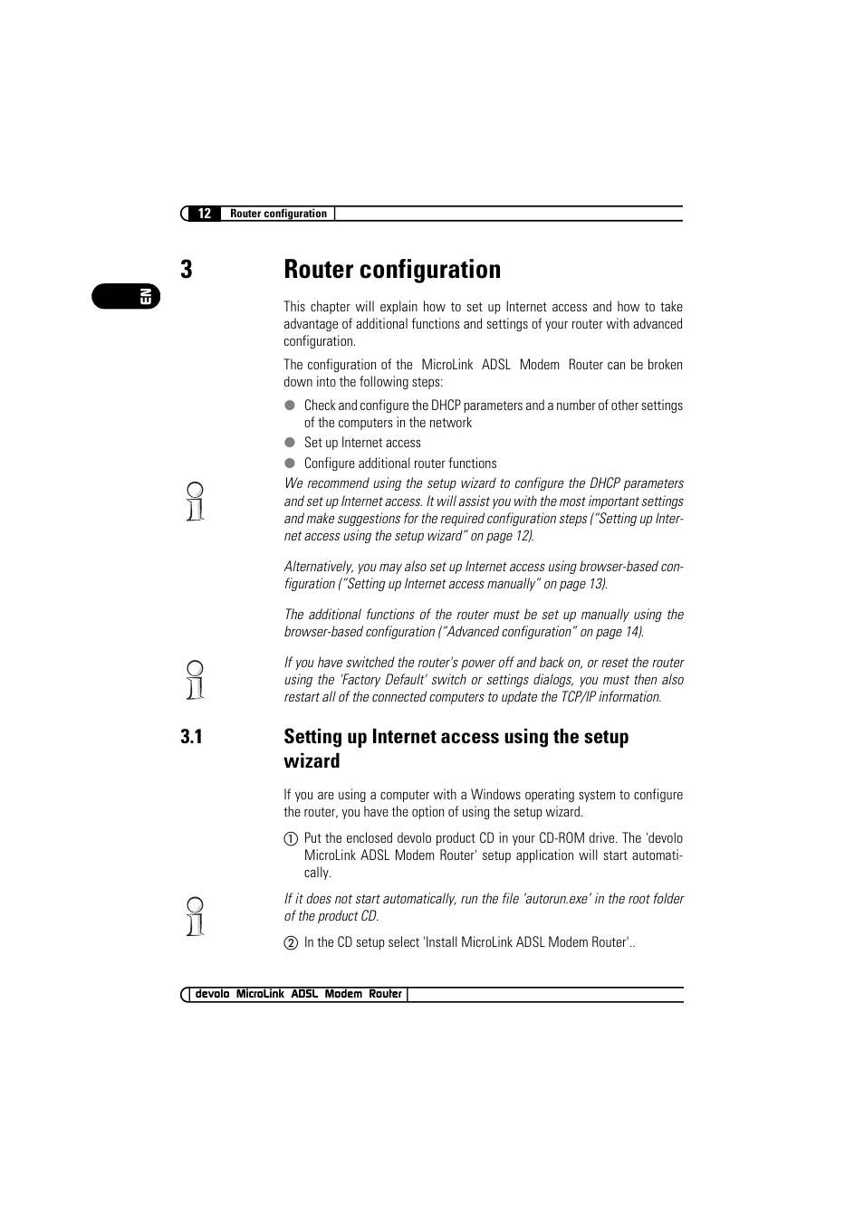 3 router configuration, Router configuration 3.1, Setting up internet access using the setup wizard | 3router configuration | Devolo MicroLink ADSL Modem Router User Manual | Page 12 / 41