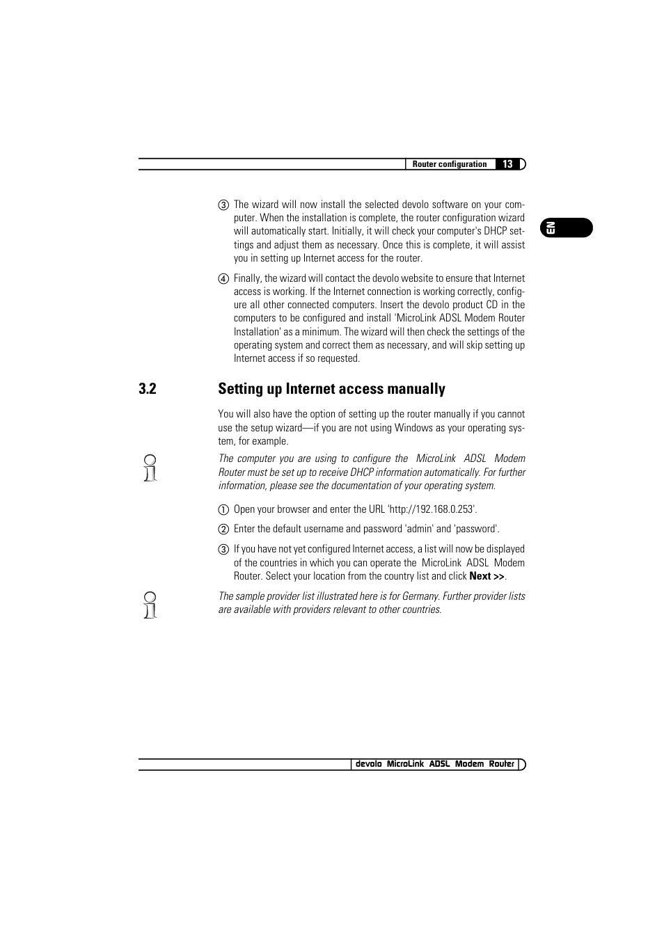 2 setting up internet access manually, Setting up internet access manually | Devolo MicroLink ADSL Modem Router User Manual | Page 13 / 41
