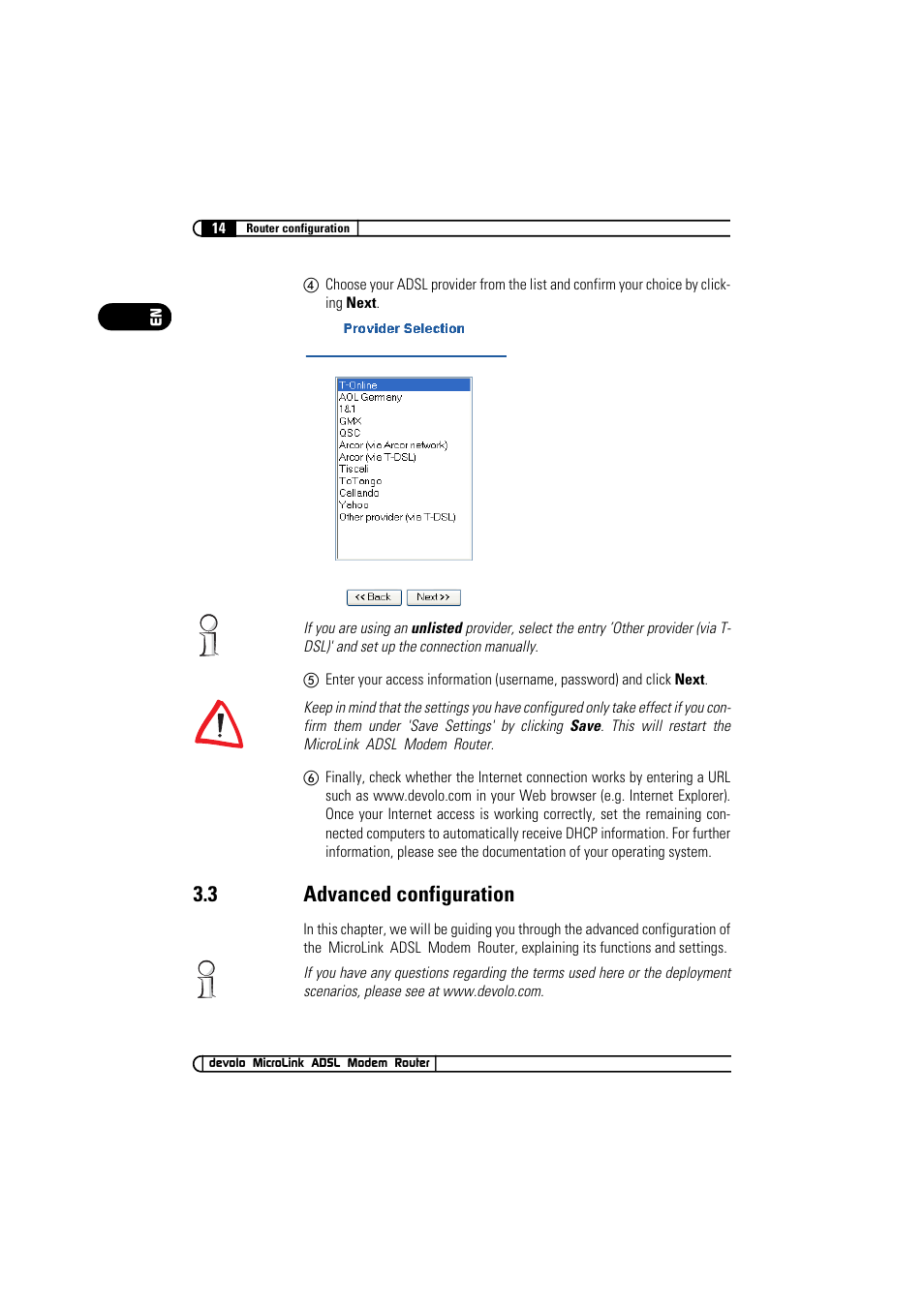 3 advanced configuration, Advanced configuration | Devolo MicroLink ADSL Modem Router User Manual | Page 14 / 41