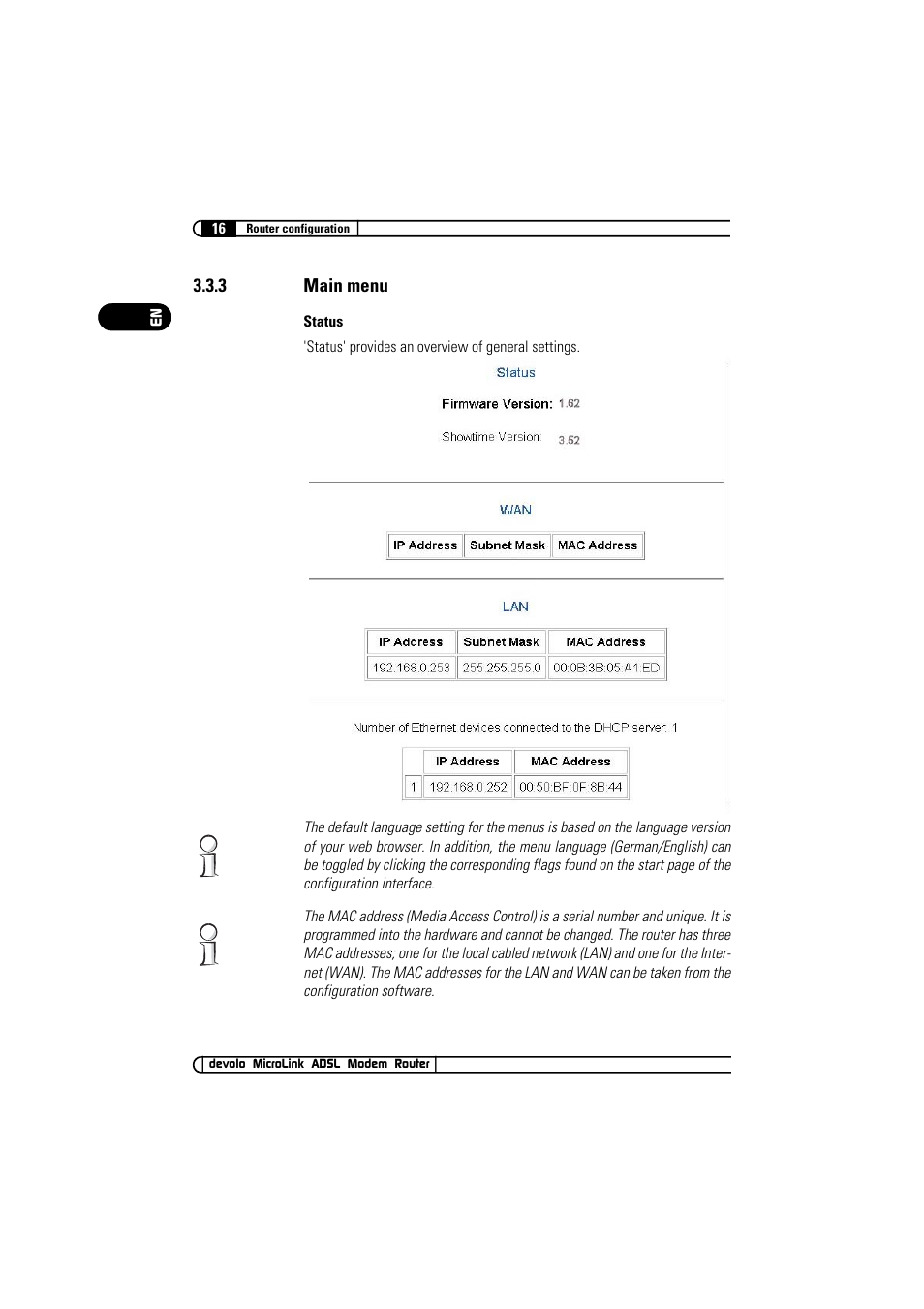 3 main menu, Main menu | Devolo MicroLink ADSL Modem Router User Manual | Page 16 / 41