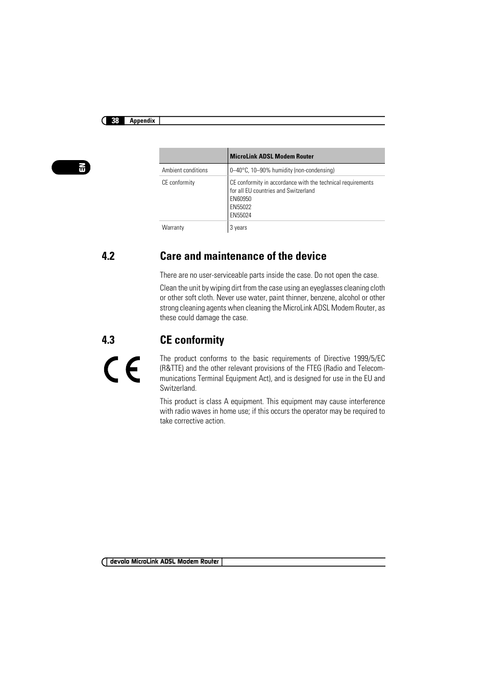 2 care and maintenance of the device, 3 ce conformity, Care and maintenance of the device | Ce conformity | Devolo MicroLink ADSL Modem Router User Manual | Page 38 / 41