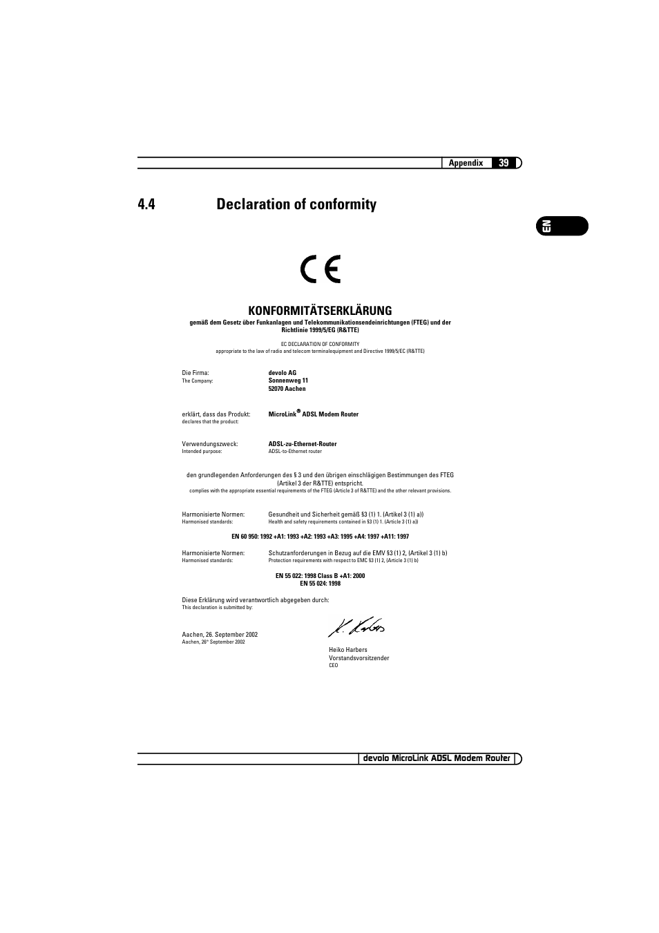 4 declaration of conformity, Declaration of conformity, Konformitätserklärung | Devolo MicroLink ADSL Modem Router User Manual | Page 39 / 41