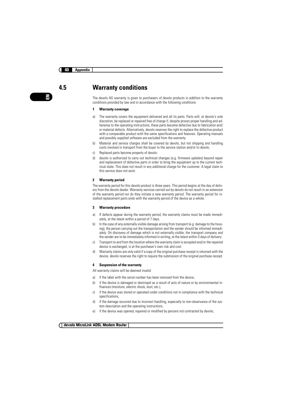 5 warranty conditions, Warranty conditions | Devolo MicroLink ADSL Modem Router User Manual | Page 40 / 41