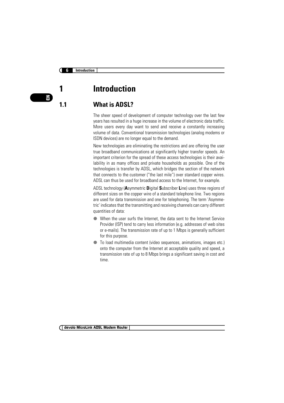 1 introduction, 1 what is adsl, Introduction 1.1 | What is adsl, 1introduction | Devolo MicroLink ADSL Modem Router User Manual | Page 6 / 41