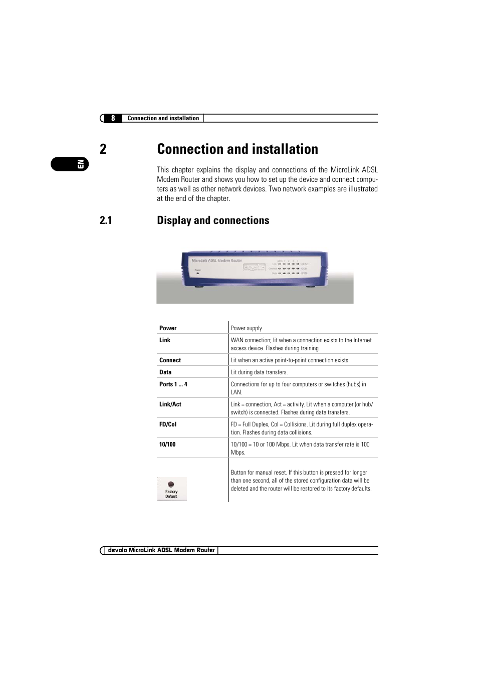 2 connection and installation, 1 display and connections, Connection and installation 2.1 | Display and connections, 2connection and installation | Devolo MicroLink ADSL Modem Router User Manual | Page 8 / 41