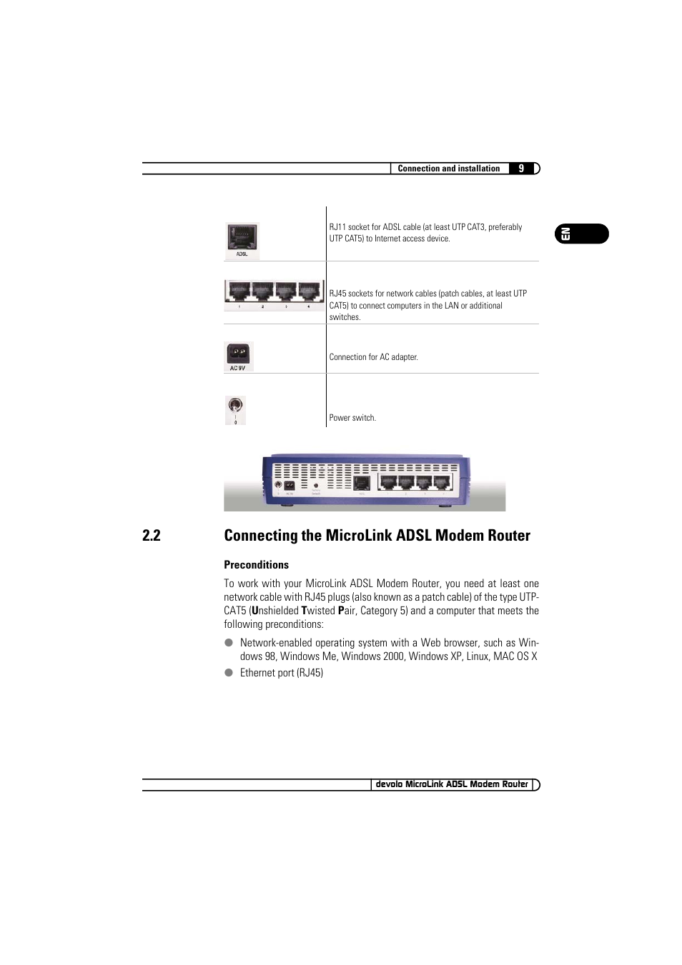 2 connecting the microlink adsl modem router, Connecting the microlink adsl modem router | Devolo MicroLink ADSL Modem Router User Manual | Page 9 / 41