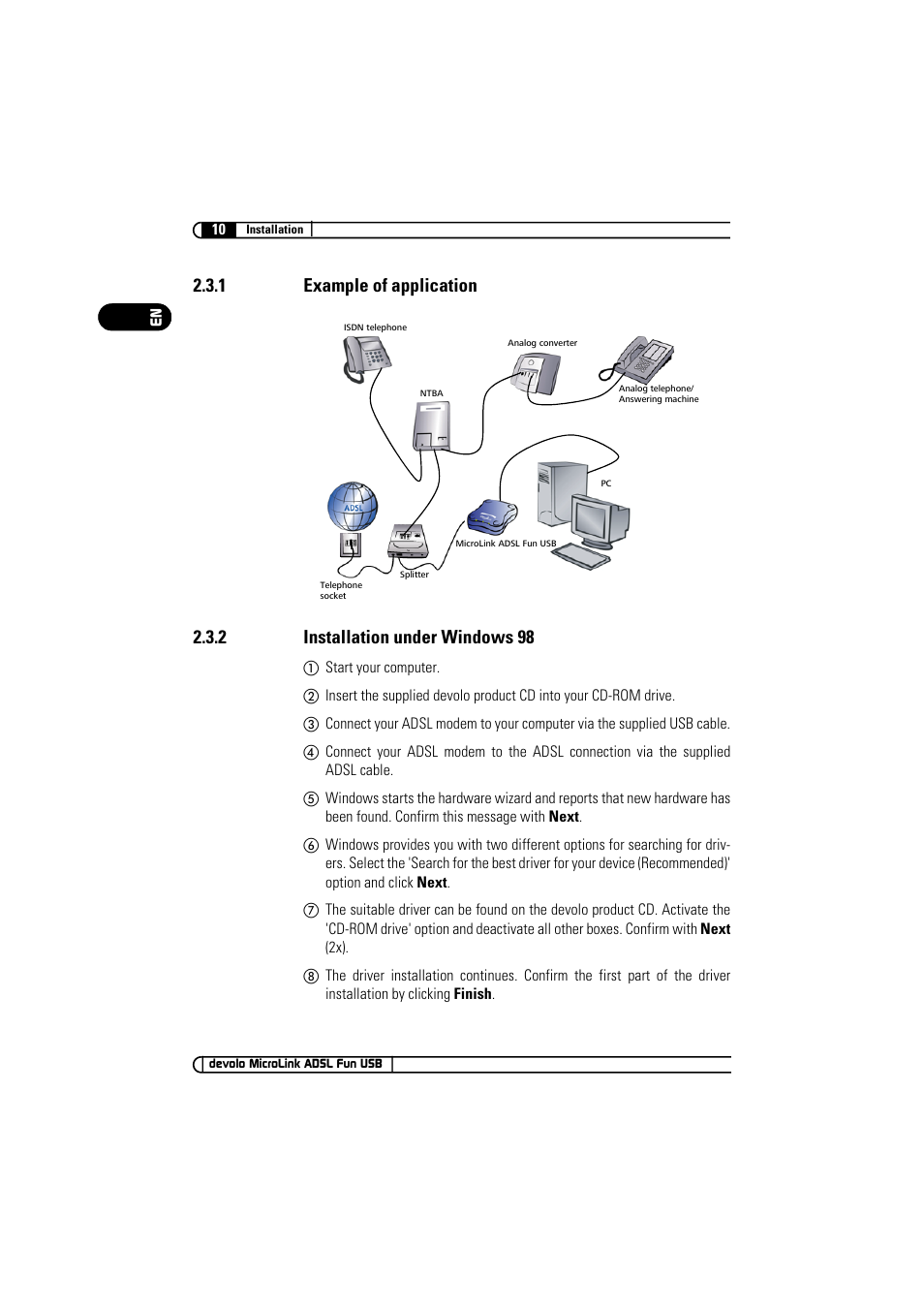1 example of application, 2 installation under windows 98 | Devolo MicroLink ADSL Fun USB User Manual | Page 10 / 20