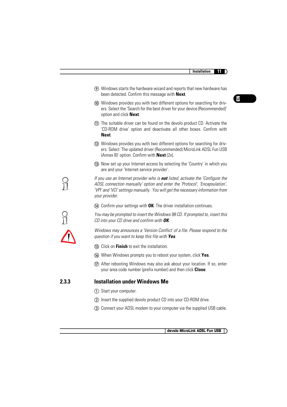 3 installation under windows me | Devolo MicroLink ADSL Fun USB User Manual | Page 11 / 20