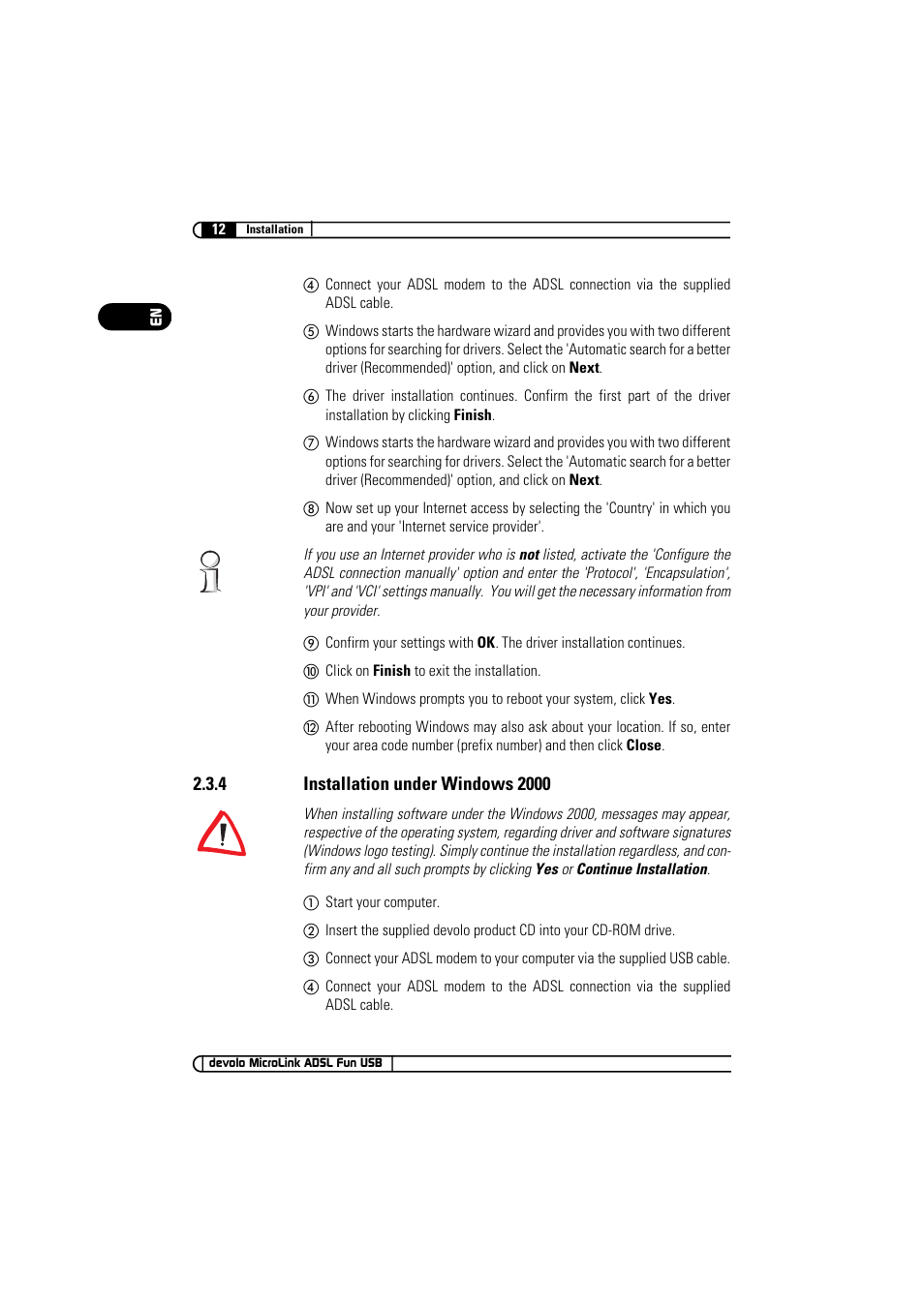 4 installation under windows 2000 | Devolo MicroLink ADSL Fun USB User Manual | Page 12 / 20