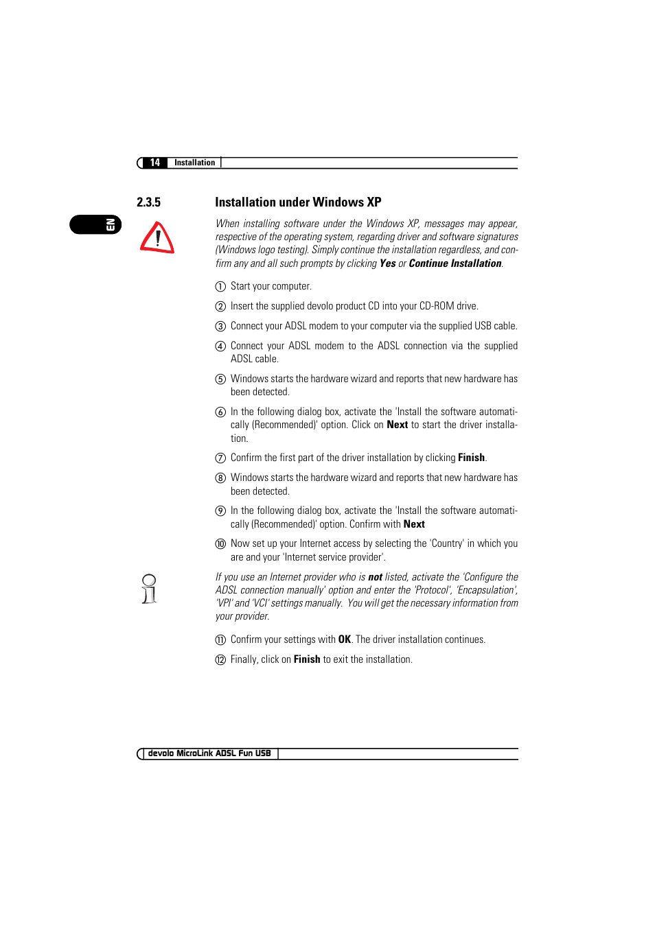 5 installation under windows xp | Devolo MicroLink ADSL Fun USB User Manual | Page 14 / 20