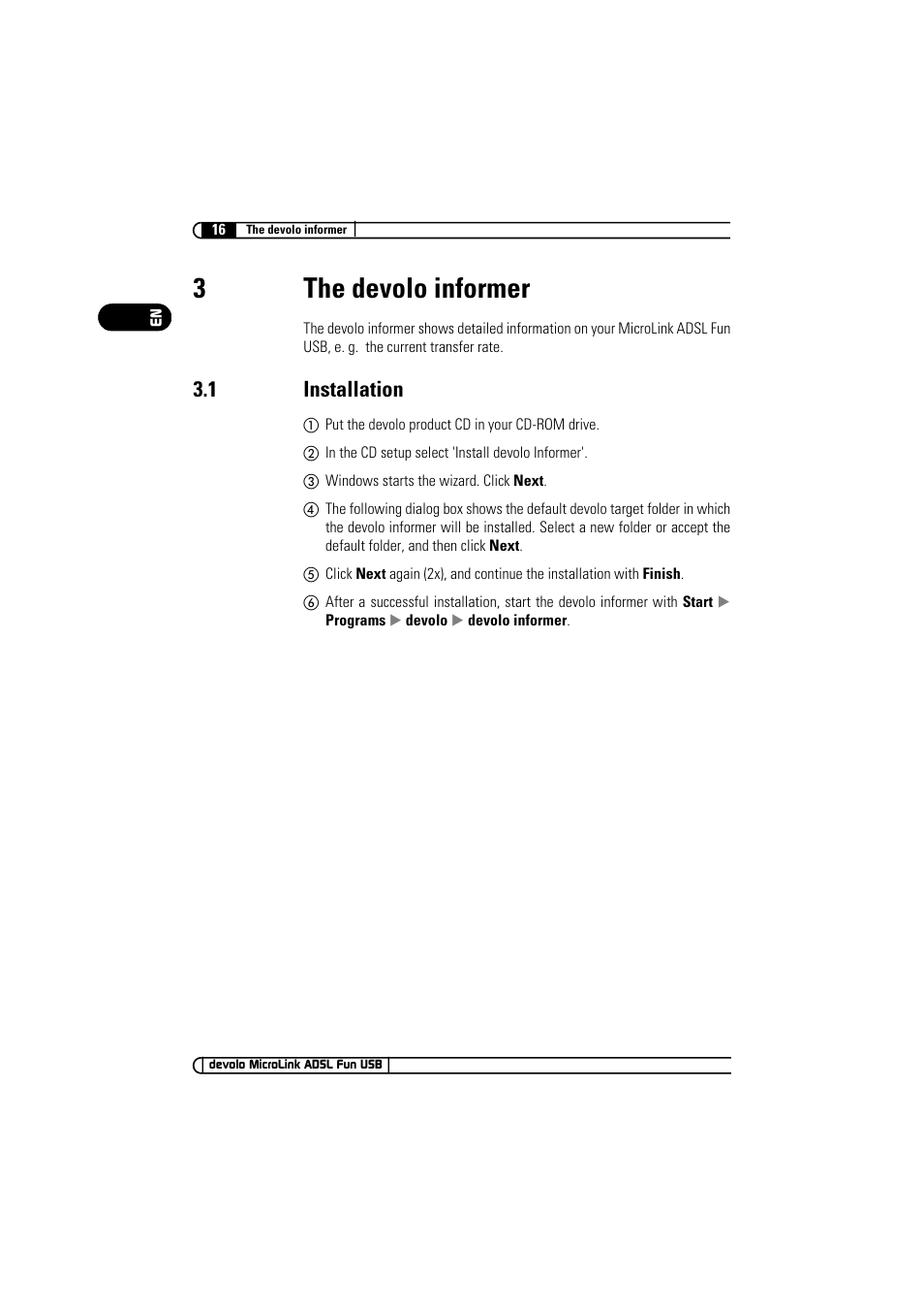 3 the devolo informer, 1 installation, 3the devolo informer | Devolo MicroLink ADSL Fun USB User Manual | Page 16 / 20