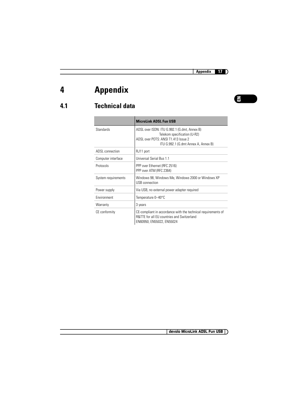 4 appendix, 1 technical data, 4appendix | Devolo MicroLink ADSL Fun USB User Manual | Page 17 / 20