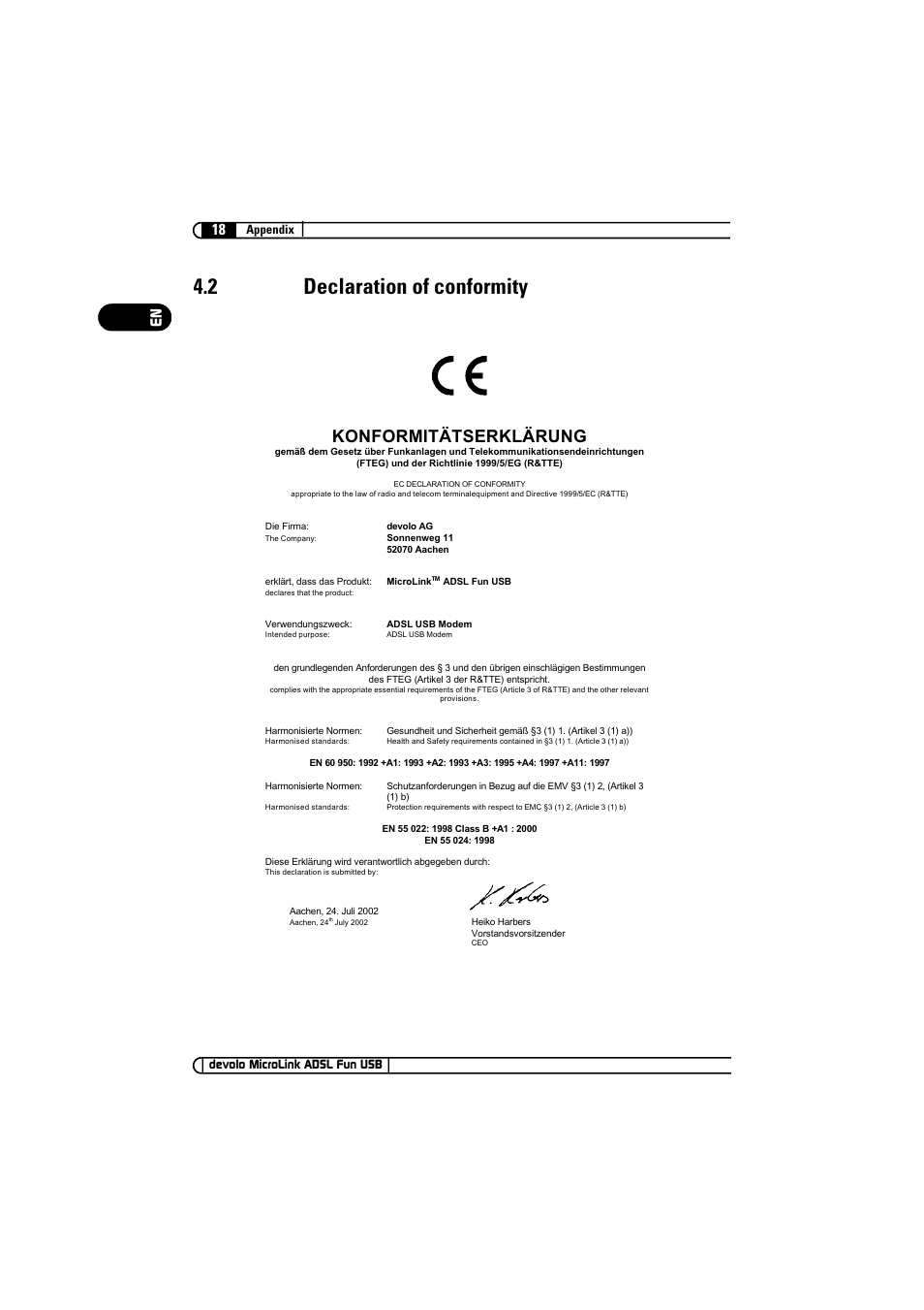 2 declaration of conformity, Konformitätserklärung, 18 en | Devolo MicroLink ADSL Fun USB User Manual | Page 18 / 20