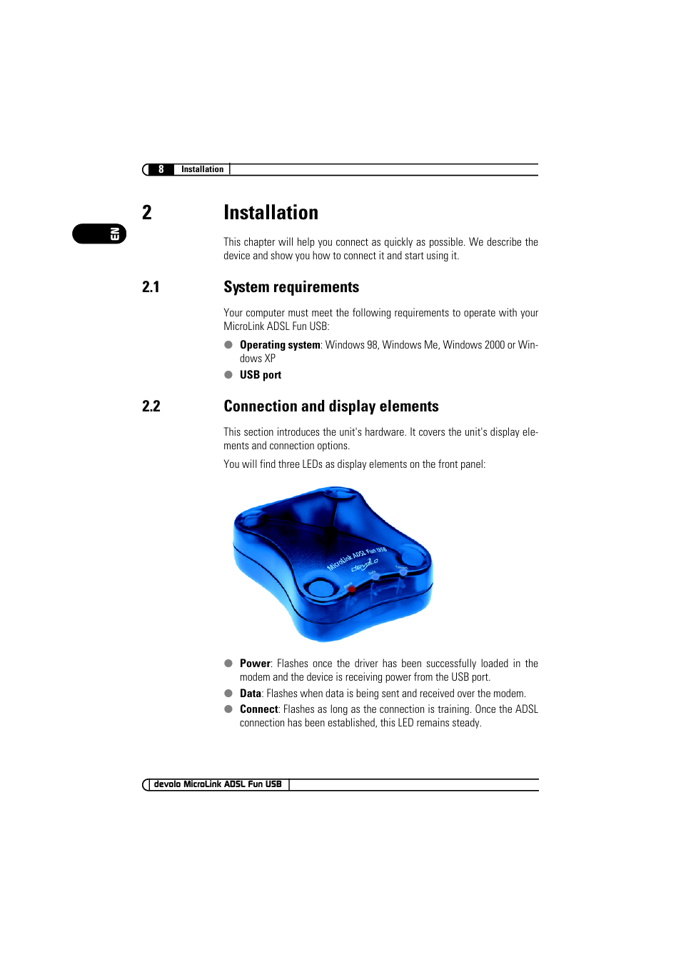 2 installation, 1 system requirements, 2 connection and display elements | 2installation | Devolo MicroLink ADSL Fun USB User Manual | Page 8 / 20