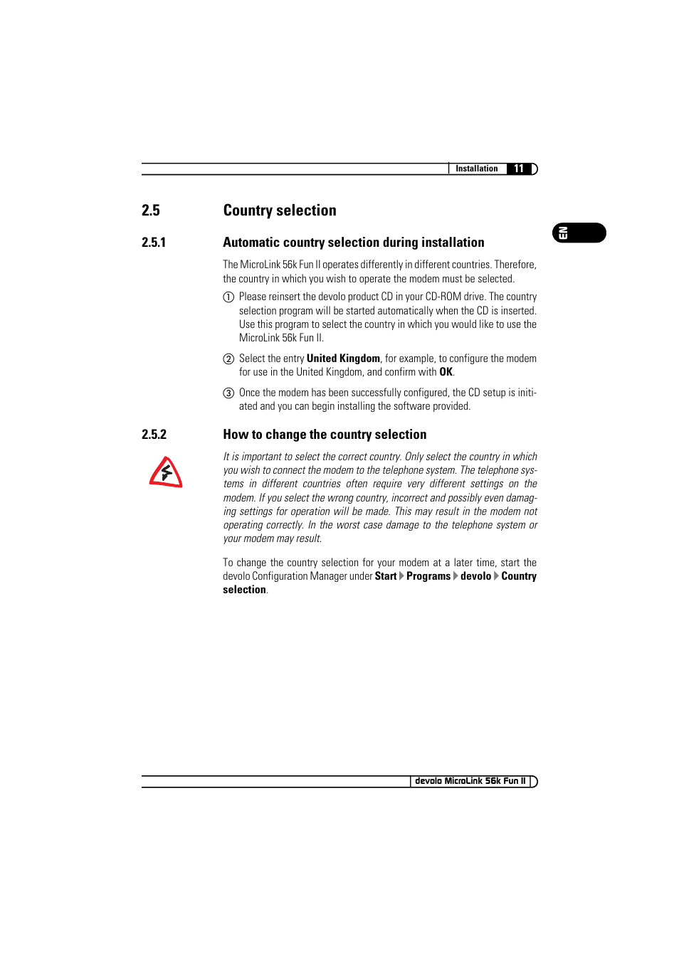 5 country selection, 1 automatic country selection during installation, 2 how to change the country selection | Devolo MicroLink 56k Fun II User Manual | Page 11 / 19
