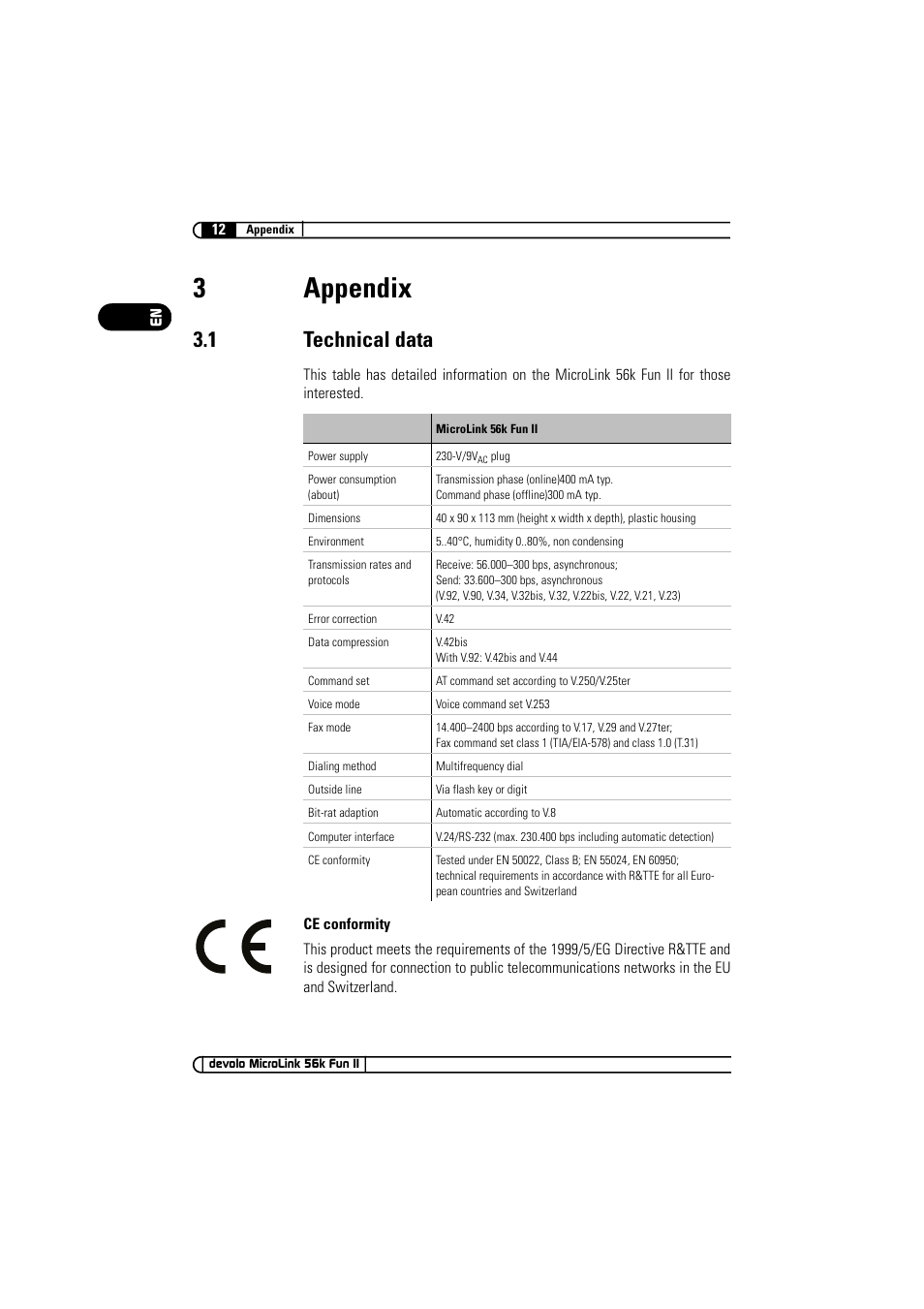 3 appendix, 1 technical data, 3appendix | Devolo MicroLink 56k Fun II User Manual | Page 12 / 19