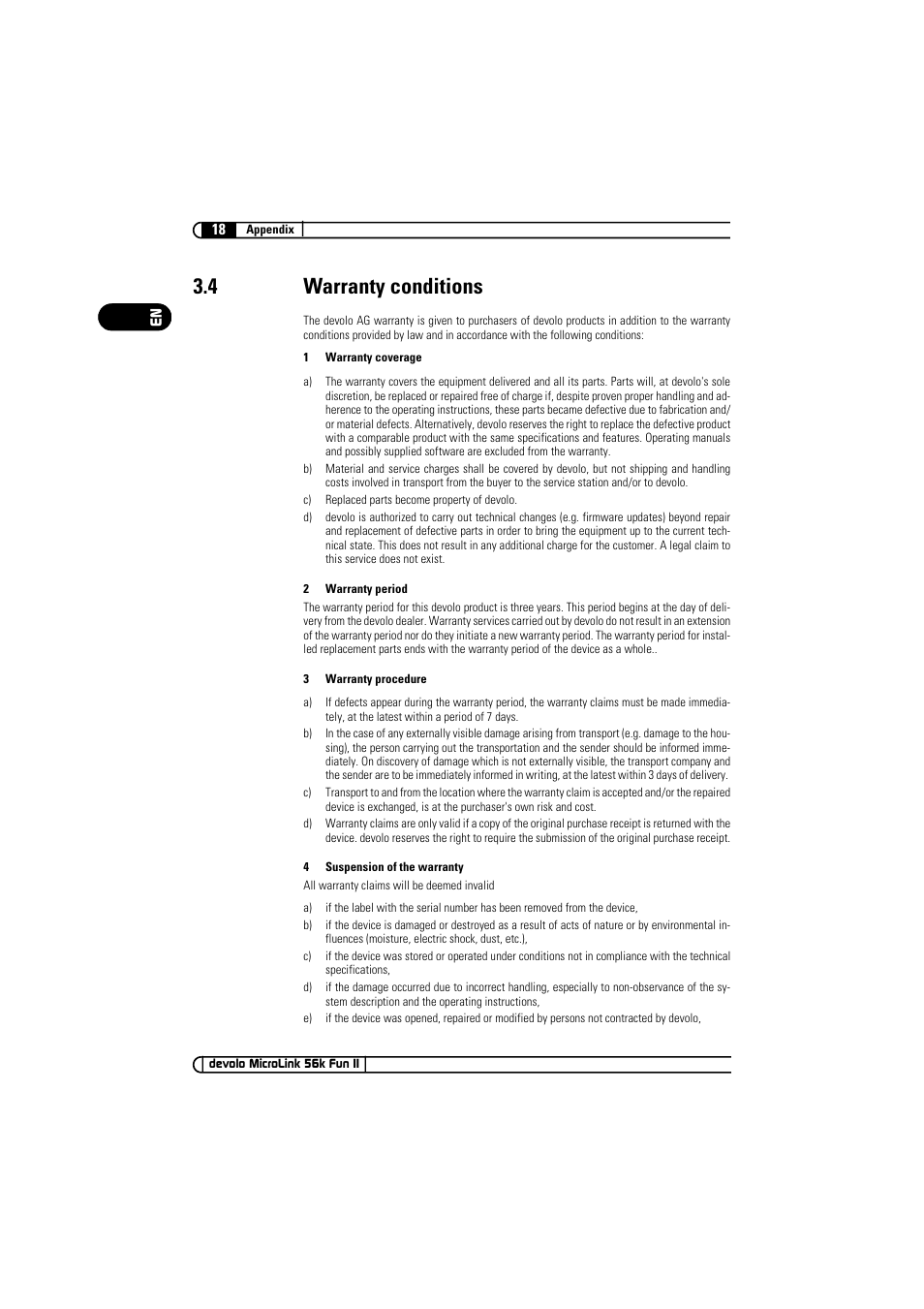 4 warranty conditions | Devolo MicroLink 56k Fun II User Manual | Page 18 / 19