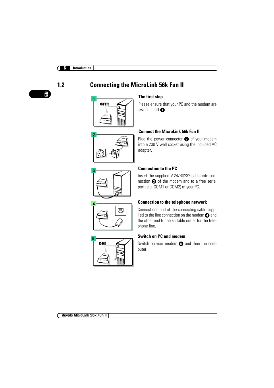 2 connecting the microlink 56k fun ii | Devolo MicroLink 56k Fun II User Manual | Page 6 / 19