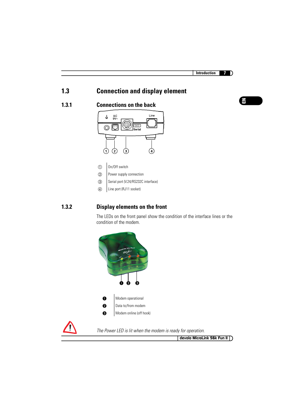 3 connection and display element, 1 connections on the back, 2 display elements on the front | Devolo MicroLink 56k Fun II User Manual | Page 7 / 19