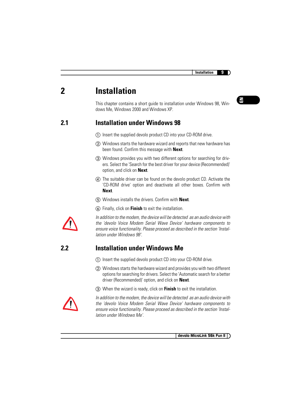 2 installation, 1 installation under windows 98, 2 installation under windows me | 2installation | Devolo MicroLink 56k Fun II User Manual | Page 9 / 19
