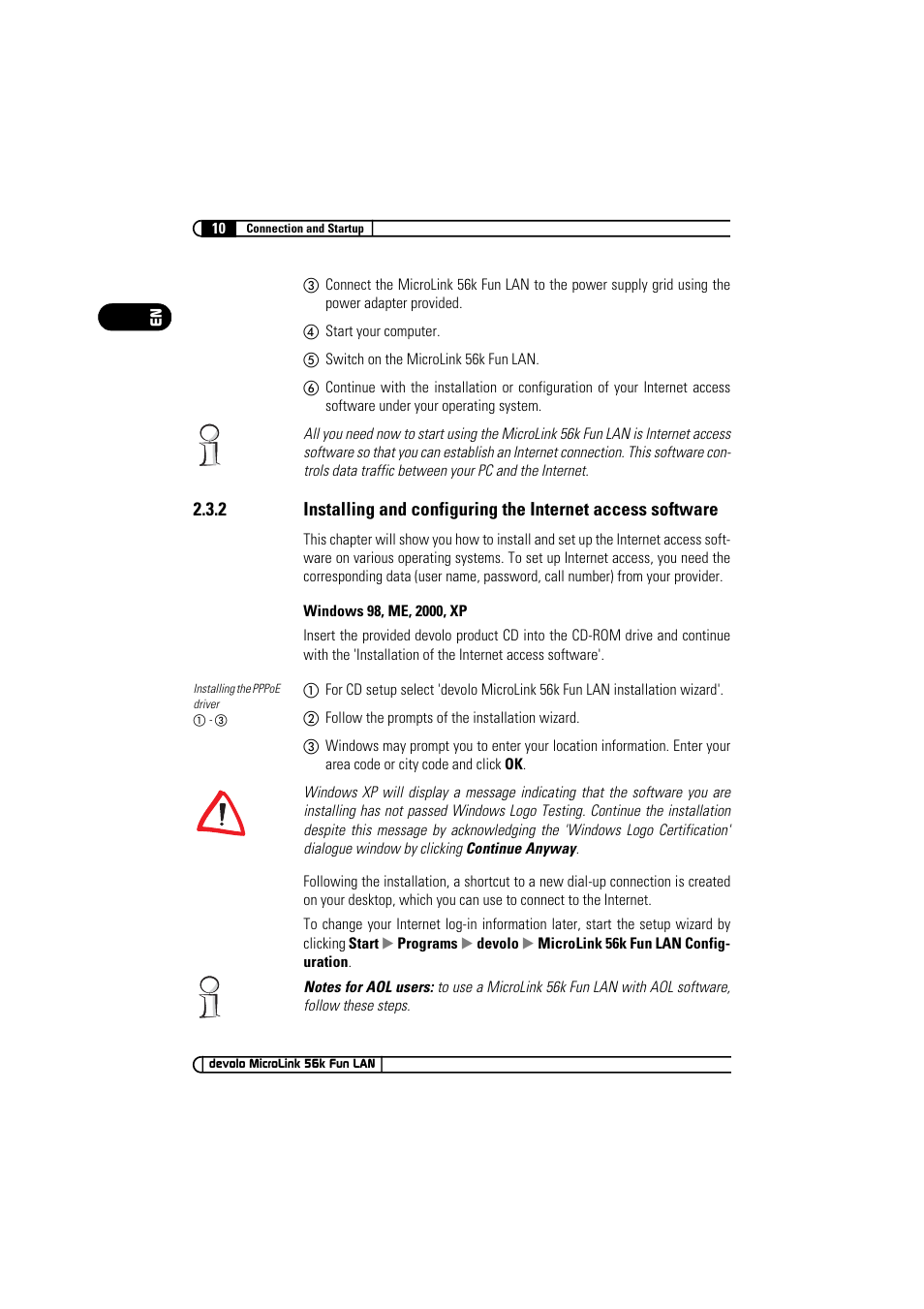 Installing and configuring the internet access, Software | Devolo MicroLink 56k Fun LAN User Manual | Page 10 / 22