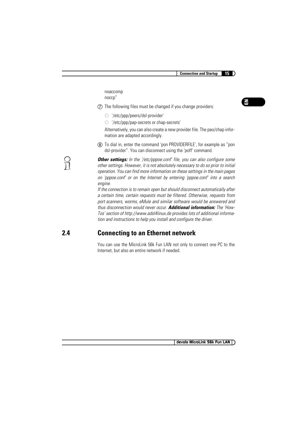 4 connecting to an ethernet network, Connecting to an ethernet network | Devolo MicroLink 56k Fun LAN User Manual | Page 15 / 22