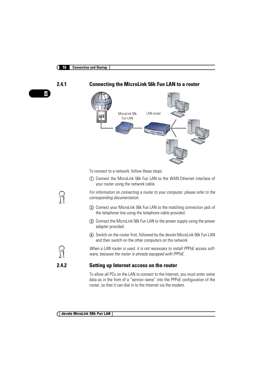 1 connecting the microlink 56k fun lan to a router, 2 setting up internet access on the router, Connecting the microlink 56k fun lan to a router | Setting up internet access on the router | Devolo MicroLink 56k Fun LAN User Manual | Page 16 / 22