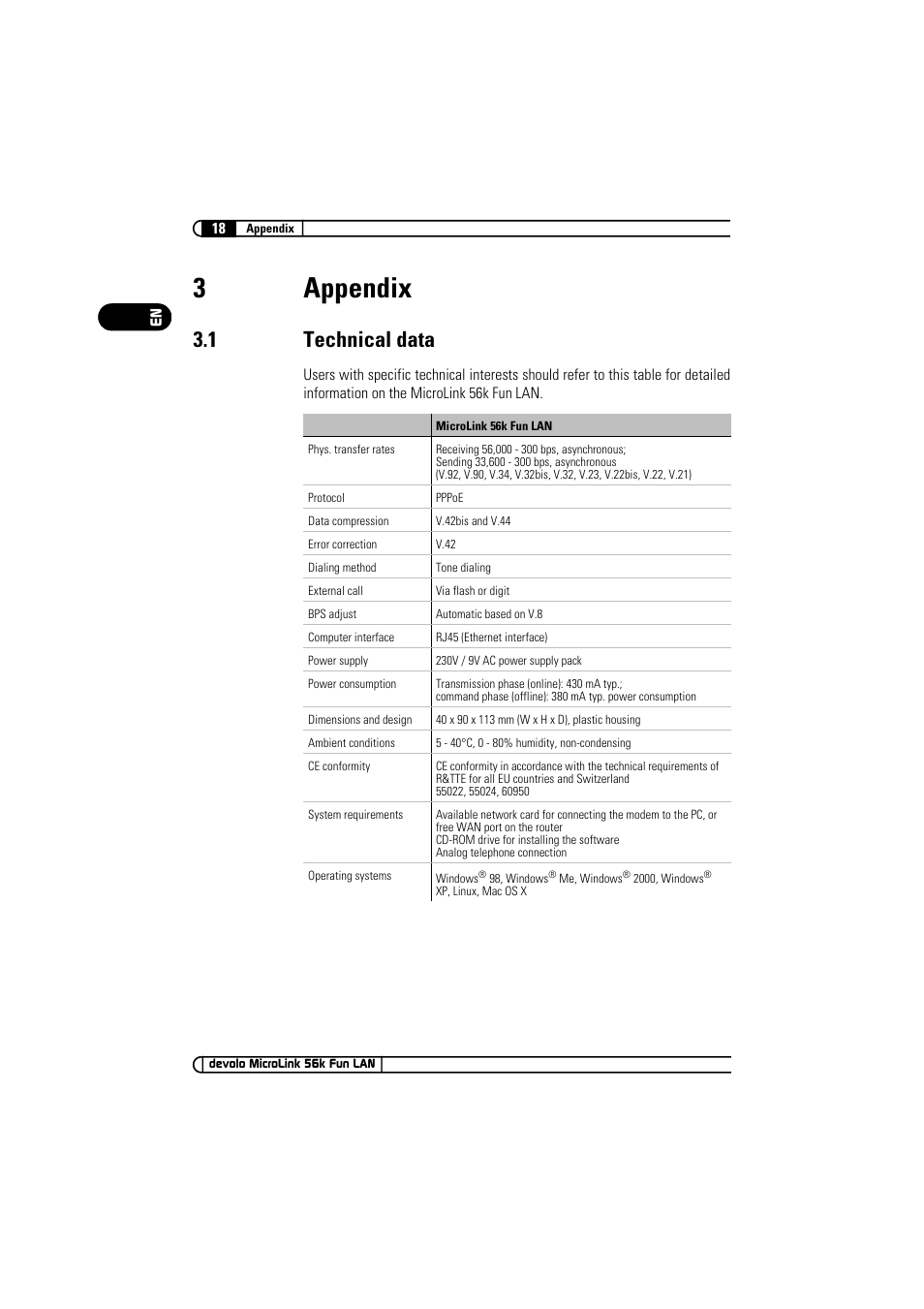 3 appendix, 1 technical data, Appendix 3.1 | Technical data, 3appendix | Devolo MicroLink 56k Fun LAN User Manual | Page 18 / 22