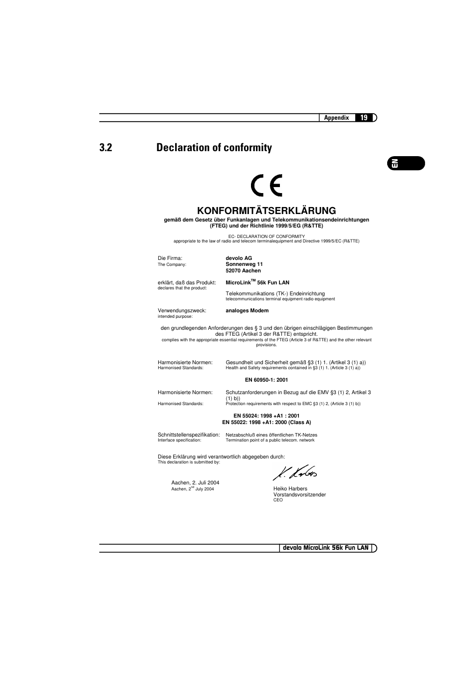 2 declaration of conformity, Declaration of conformity, Konformitätserklärung | Devolo MicroLink 56k Fun LAN User Manual | Page 19 / 22