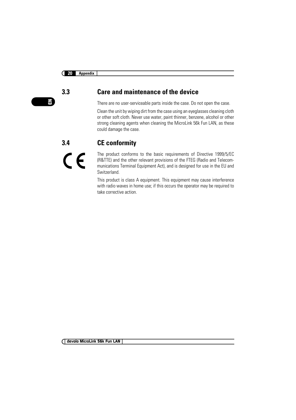 3 care and maintenance of the device, 4 ce conformity, Care and maintenance of the device | Ce conformity | Devolo MicroLink 56k Fun LAN User Manual | Page 20 / 22
