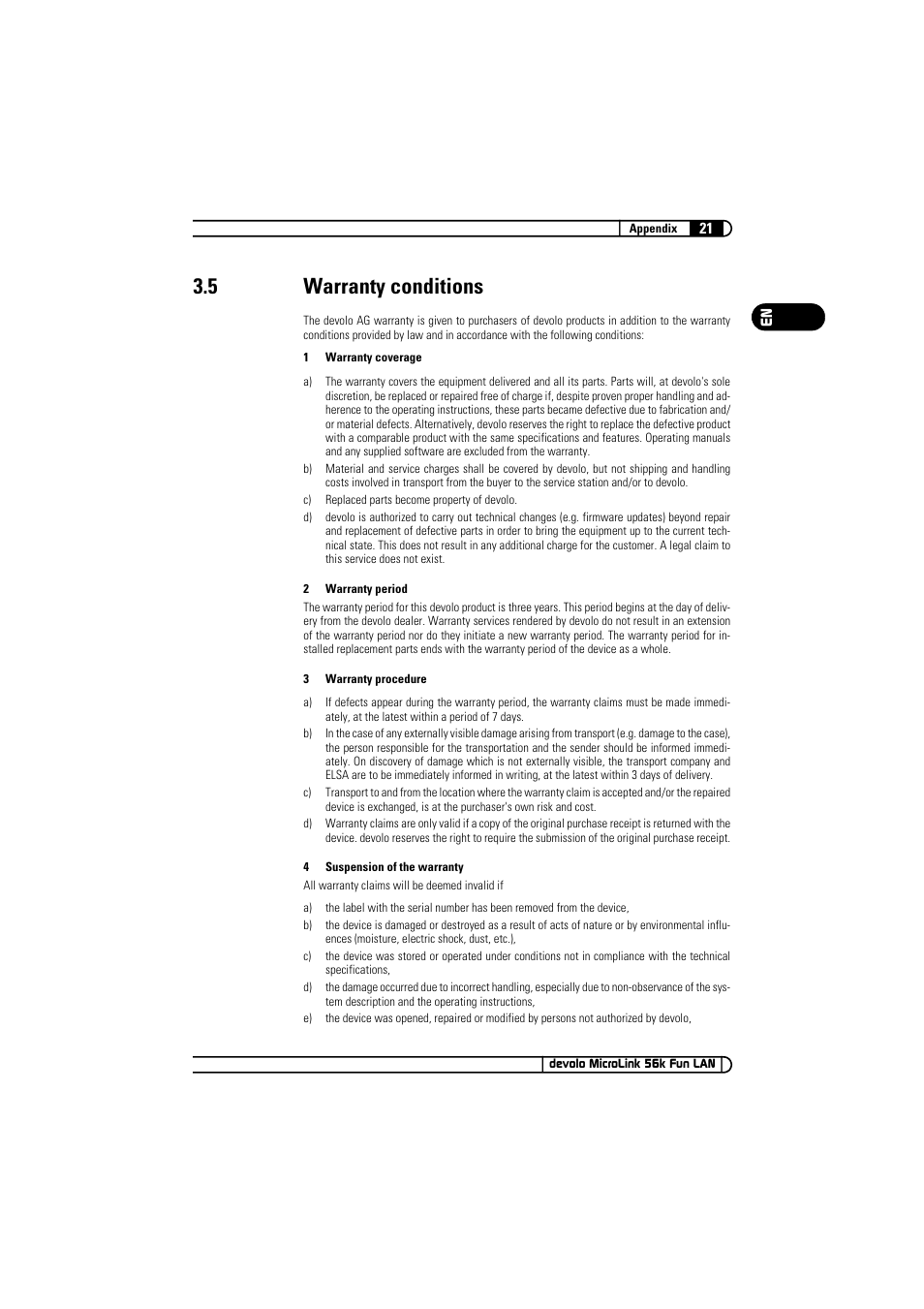 5 warranty conditions, Warranty conditions | Devolo MicroLink 56k Fun LAN User Manual | Page 21 / 22