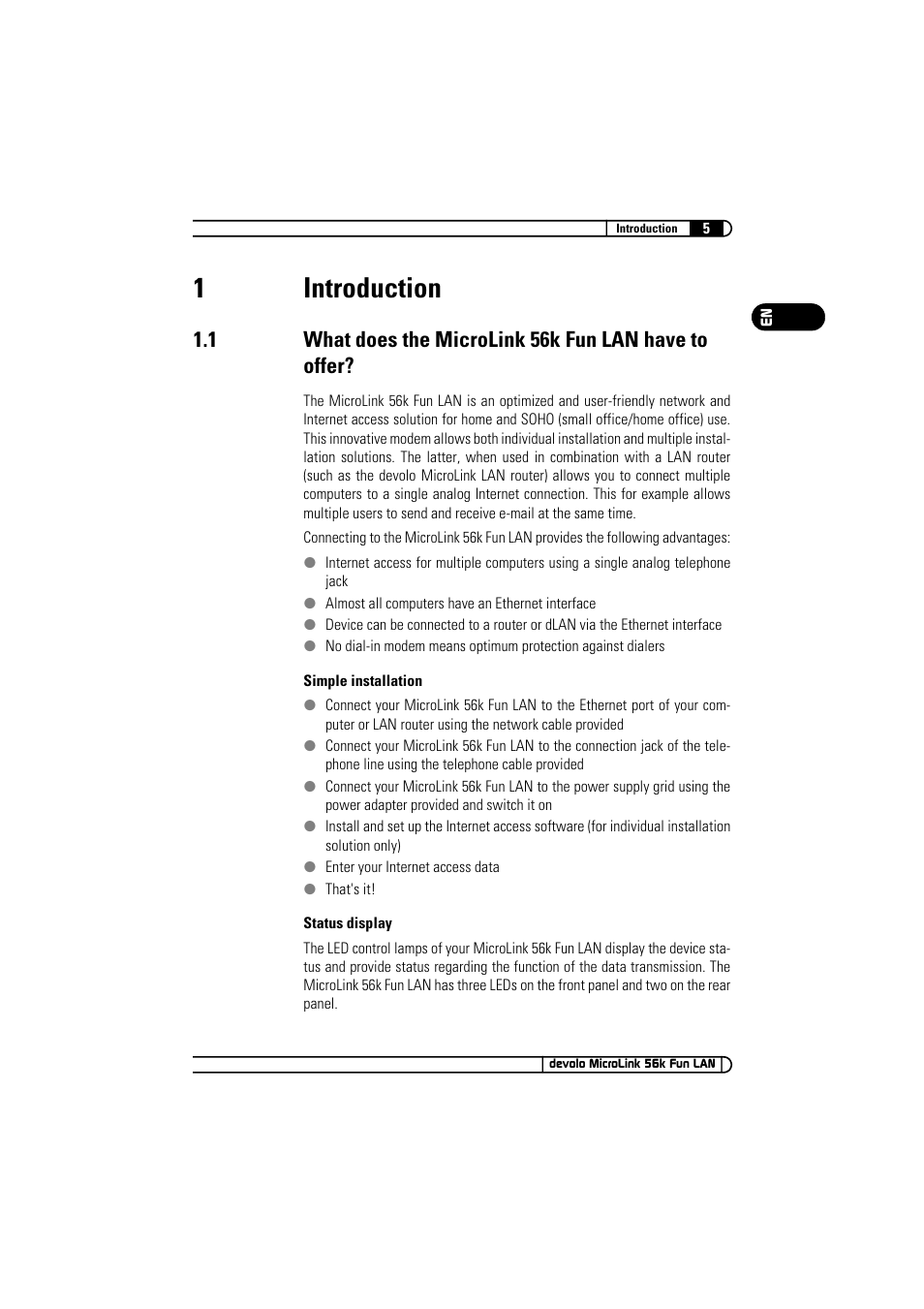 1 introduction, Introduction 1.1, What does the microlink 56k fun lan have to offer | 1introduction | Devolo MicroLink 56k Fun LAN User Manual | Page 5 / 22