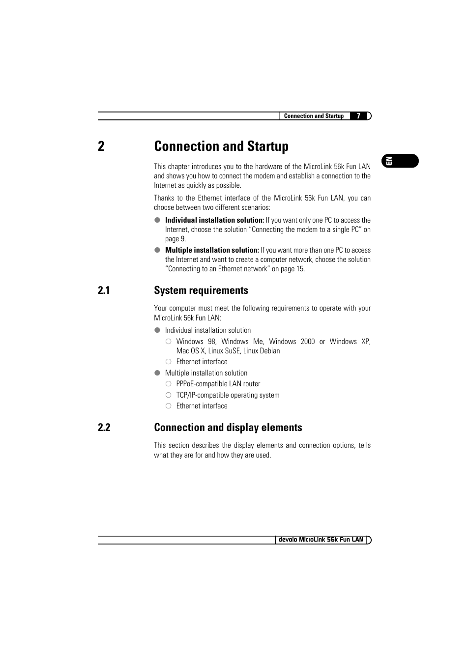 2 connection and startup, 1 system requirements, 2 connection and display elements | Connection and startup 2.1, System requirements, Connection and display elements, 2connection and startup | Devolo MicroLink 56k Fun LAN User Manual | Page 7 / 22