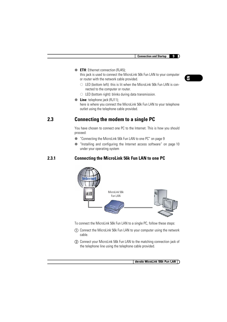 3 connecting the modem to a single pc, 1 connecting the microlink 56k fun lan to one pc, Connecting the modem to a single pc 2.3.1 | Connecting the microlink 56k fun lan to one pc | Devolo MicroLink 56k Fun LAN User Manual | Page 9 / 22