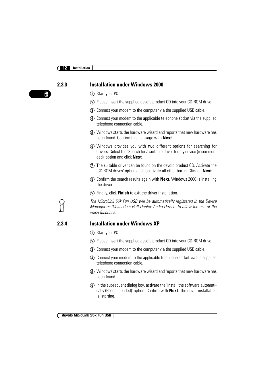 3 installation under windows 2000, 4 installation under windows xp | Devolo MicroLink 56k Fun USB User Manual | Page 12 / 21