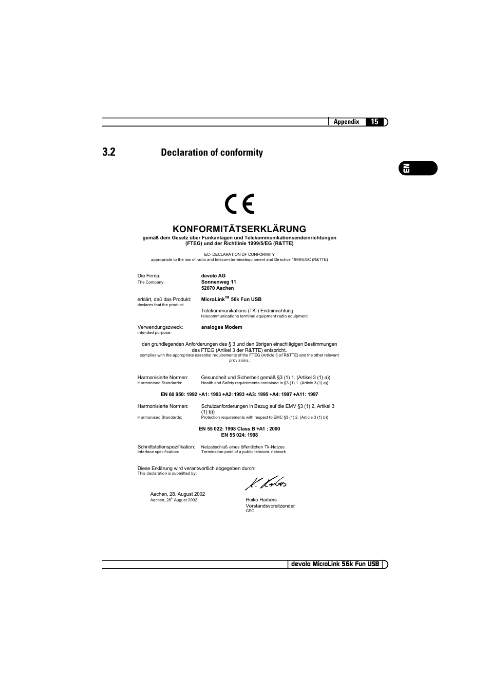 2 declaration of conformity, Declaration of conformity, Konformitätserklärung | Devolo MicroLink 56k Fun USB User Manual | Page 15 / 21