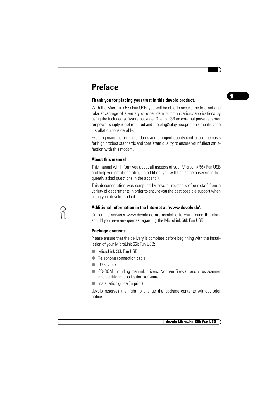 Preface | Devolo MicroLink 56k Fun USB User Manual | Page 3 / 21